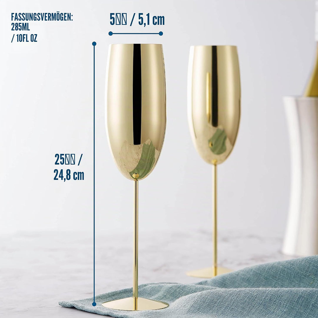 Oak & Steel - 4 Edelstahl Sektgläser Geschenkset, Champagner & Prosecco Gläser (285ml) - Gold - Robu