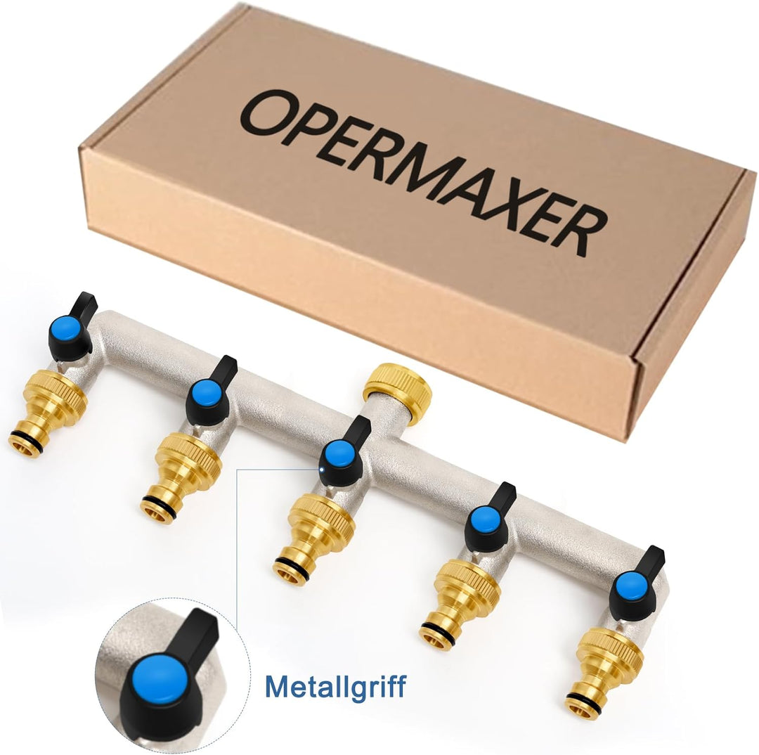 5-Wege Wasserhahn Wasserverteiler aus Messing für 5 Geräte/Gartenschläuche, 5er Verteiler 3/4" Adapt