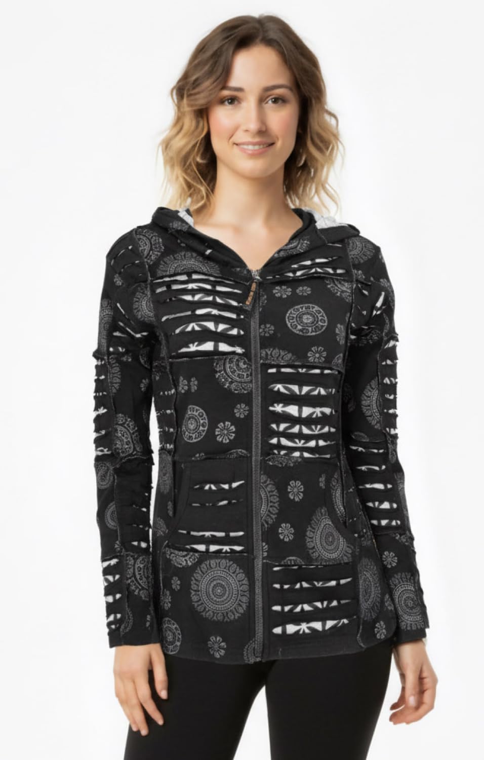 GURU SHOP Goa Patchwork Jacke, Kapuzenjacke, Damen, Baumwolle, Schwarz