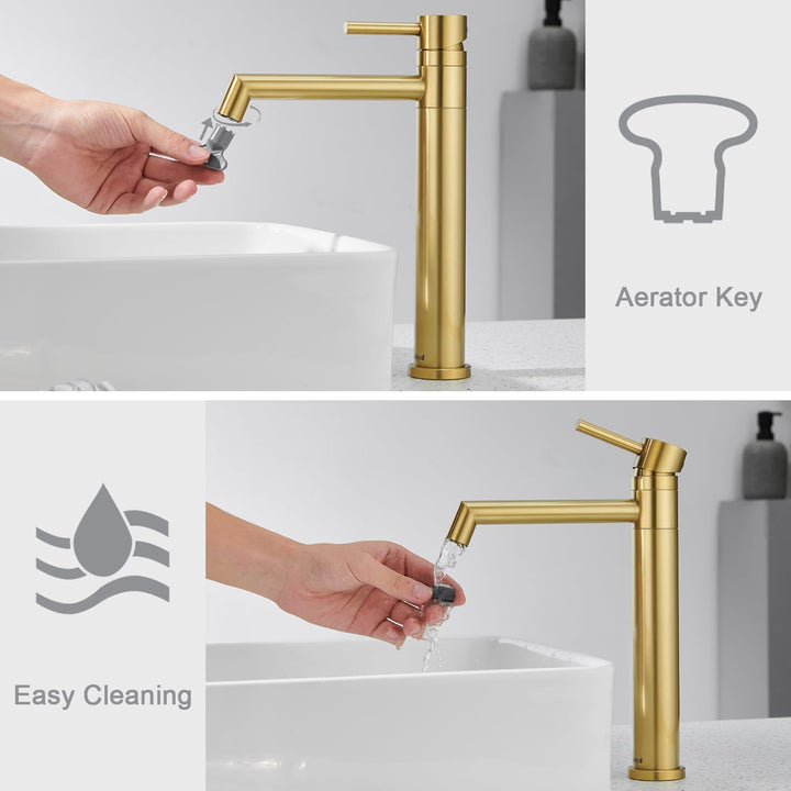Ulytid Wasserhahn Bad Gold, Waschtischarmatur Hoch Aufsatzwaschbecken 360° Schwenkbar, Armatur Badez