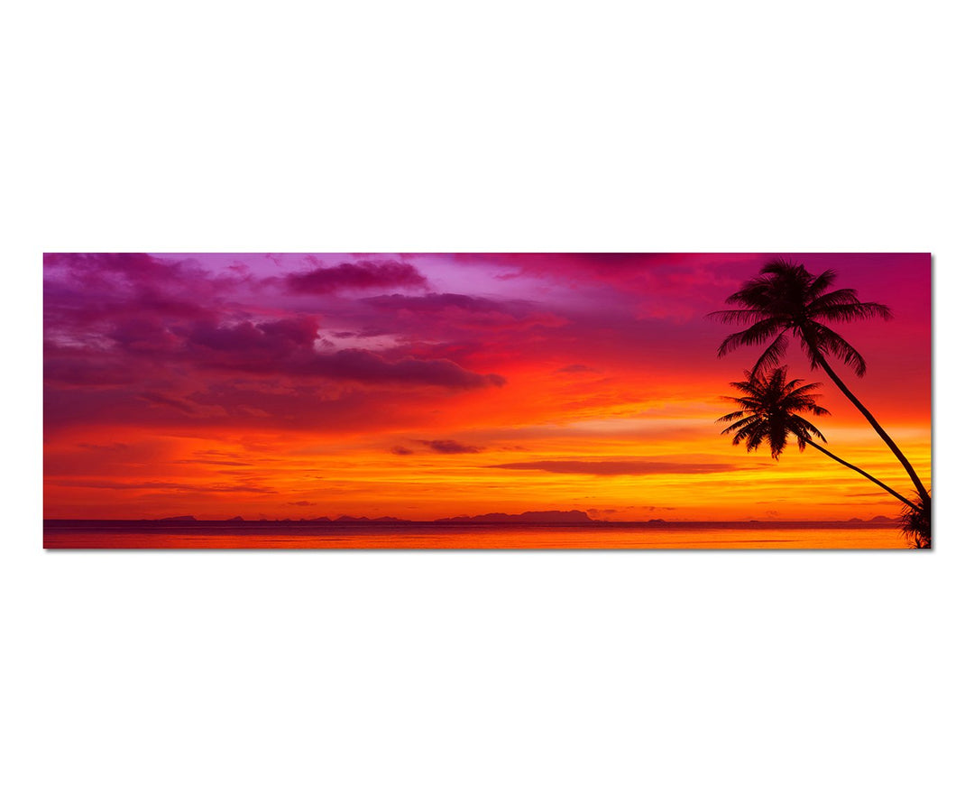 Panoramabild auf Leinwand und Keilrahmen 150x50cm Strand Meer Palmen Sonnenuntergang