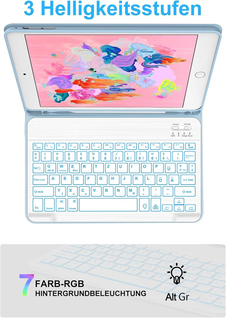 JADEMALL Für iPad Air 2 Tastatur Hülle mit 7-Farben LED, Deutsch QWERTZ Layout, abnehmbare Bluetooth