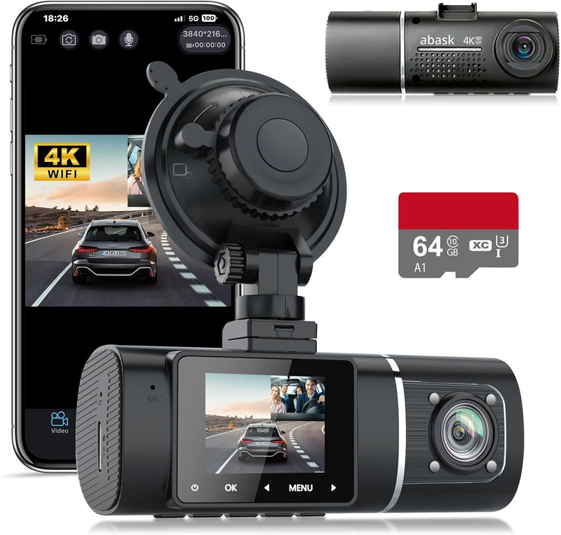 Abask Dashcam Auto 4K WiFi Dash Cam Vorne Innen mit 32GB SD-Karte, 310° Weitwinkelansicht, Autokamer