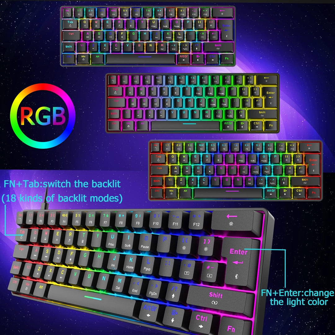 Mini 60% RGB Gaming-Tastatur,Mechanischer Blaue Schalter mit Kompakten 62 Tasten,18 RGB LED-Chroma-H