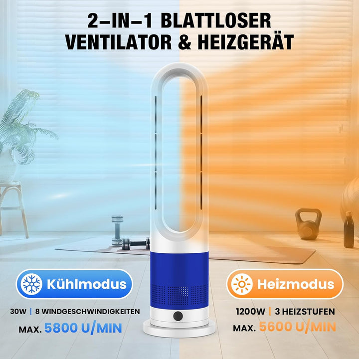 Turmventilator, Rotorlos Ventilator mit Kühlung und Heizen, Luftkühler sehr Leise, 8 Stufen Tower-Ve