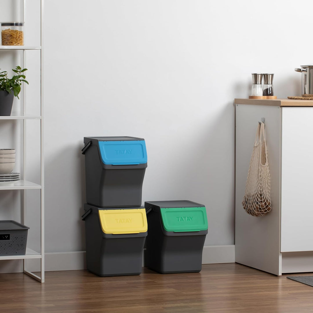 TATAY Mülltrennsystem Easy Waste 20L | 3er Set Recycling Behälter | Modular und Stapelbar | Deckel m
