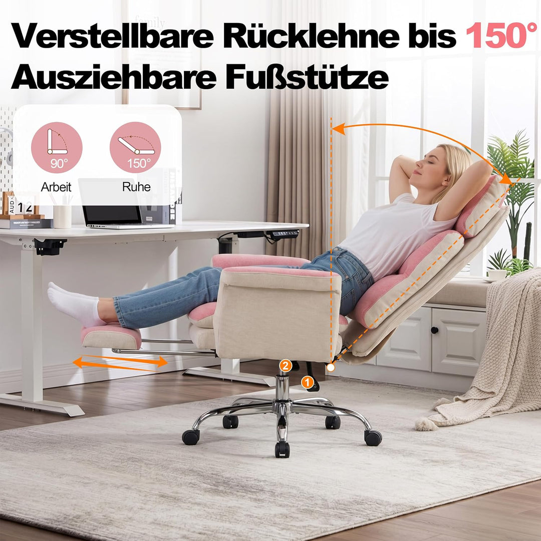 UEV Bürostuhl Ergonomisch mit Fussstütze bis 226kg,Drehstuhl,Rosa | klappbare Armlehnen,Dicker Sitzp