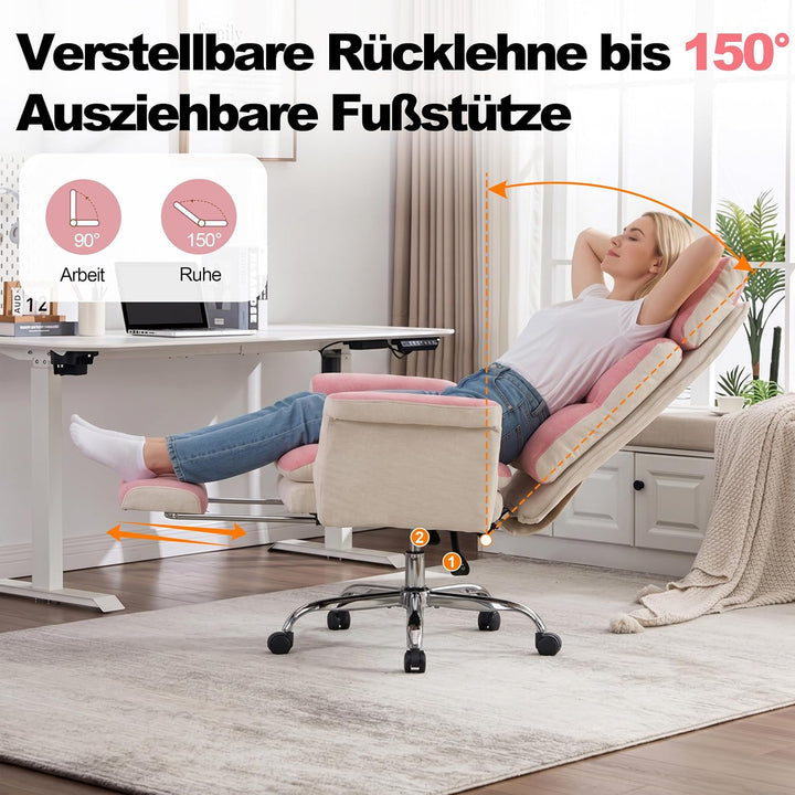 UEV Bürostuhl Ergonomisch mit Fussstütze bis 226kg,Drehstuhl,Rosa | klappbare Armlehnen,Dicker Sitzp