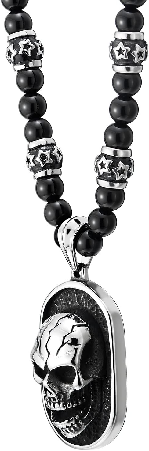 COOLSTEELANDBEYOND Gothic-Stil Herren Schwarze Onyx-Perlen Halskette, Edelstahl Geschwärzte Dog Tag