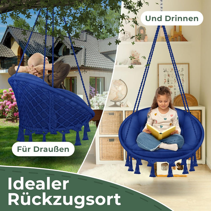 KESSER® Hängesessel 150kg mit 2 Stahlringe Sitzpolster geflochten Fransen Hängestuhl Hängekorb Schau