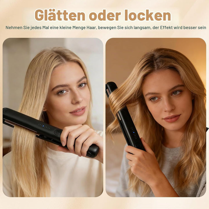 Mini Glätteisen Kabellos, 2 in 1 Haarglätter Glätteisen, Kabelloses glätteisen mit 4 Temperaturen, g