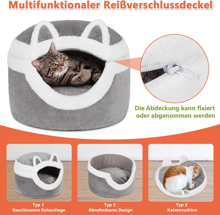 Ownpets 3-in-1 Katzenbett Höhle - Abnehmbares Schlafkissen für Indoor, Winter, Warm - Mit Weichem Ka