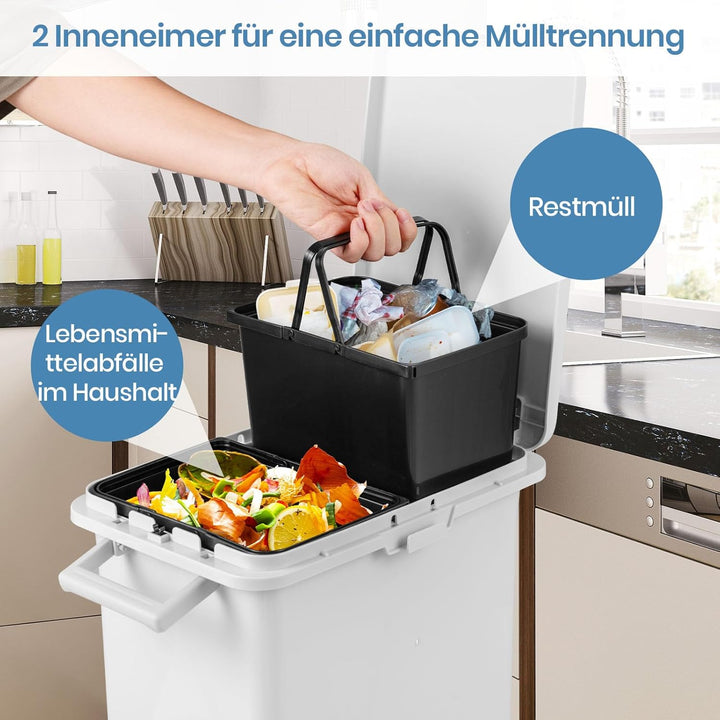 GOPLUS Mülleimer 3 Fächer, 32L Abfalleimer Küche mit Rollen, Mülltrennsystem mit Kippbehälter, Decke