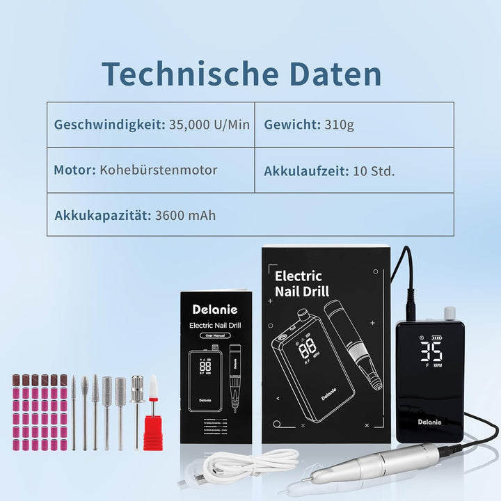 Delanie elektrische Nagelfräser professionell mit 35000 u/min, elektrische Nagelfeile für Gelnägel m