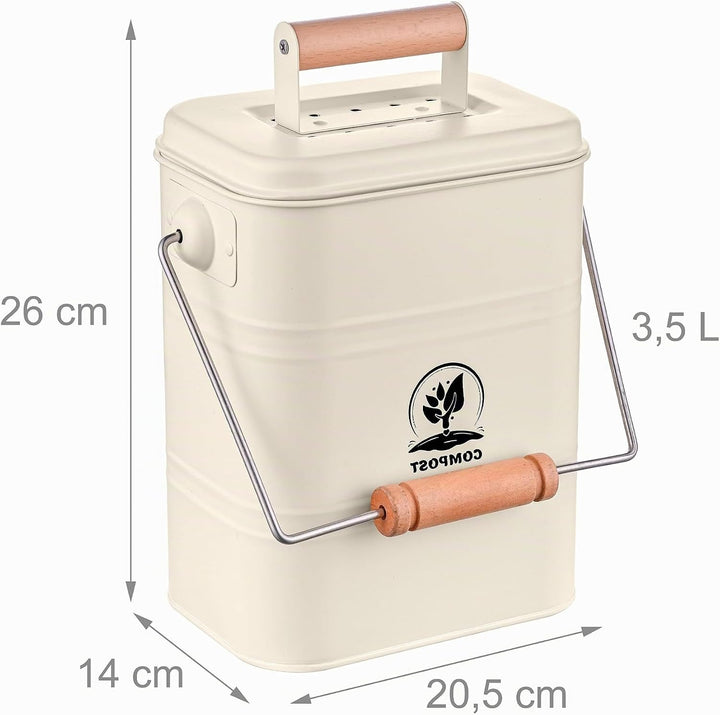Relaxdays Komposteimer Küche, 3,5 Liter, 2 Aktivkohlefilter, Deckel, Henkel, Eisen &amp; Holz, Biomüllbe