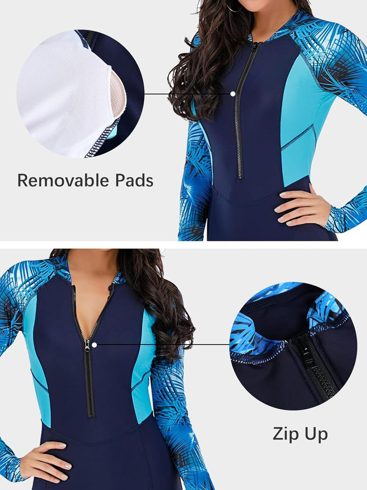 Ecupper Damen Badeanzug Einteiler Rash Guard Zip Up Lange Ärmel Surfen Bademode Gebaut in BH Badeanz