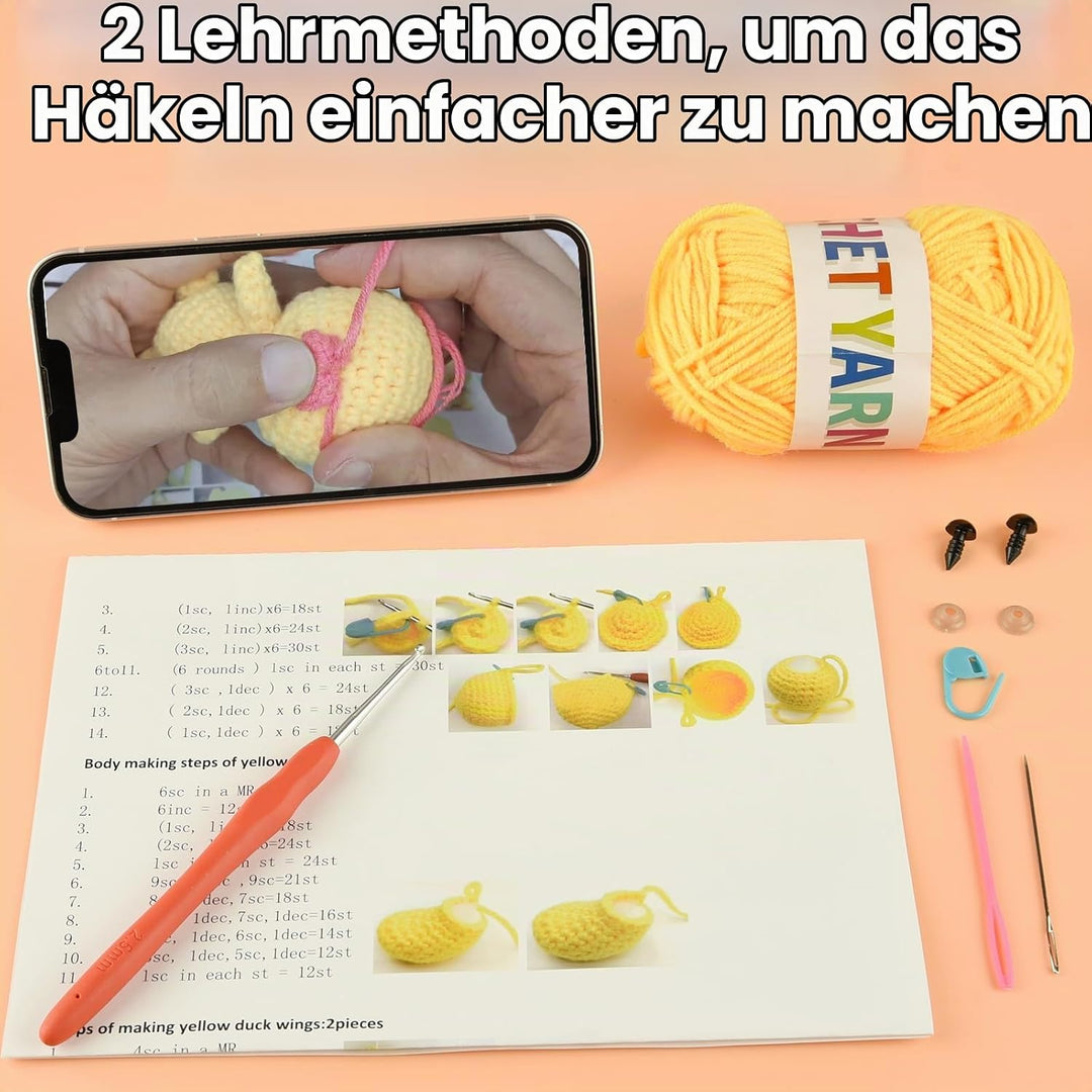 ASTARON Crochet Kit, Häkelset für Erwachsene und Kinder, 3 süsse Häkeltiere – Igel, Biene, Ente, Häk