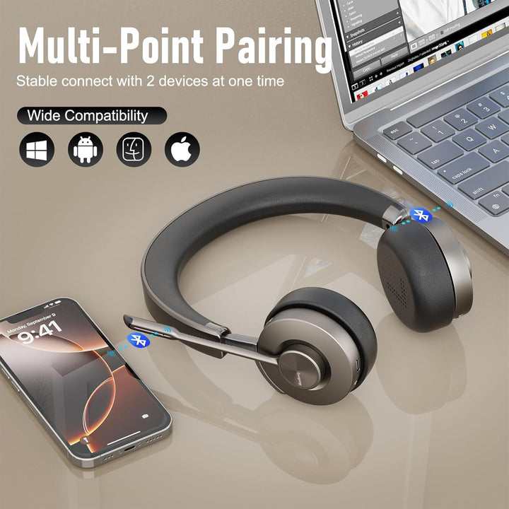 Beebang Bluetooth Headset mit Mikrophone, Kabelloses Headset für PC Laptop, 32h Gesprächszeit, USB A