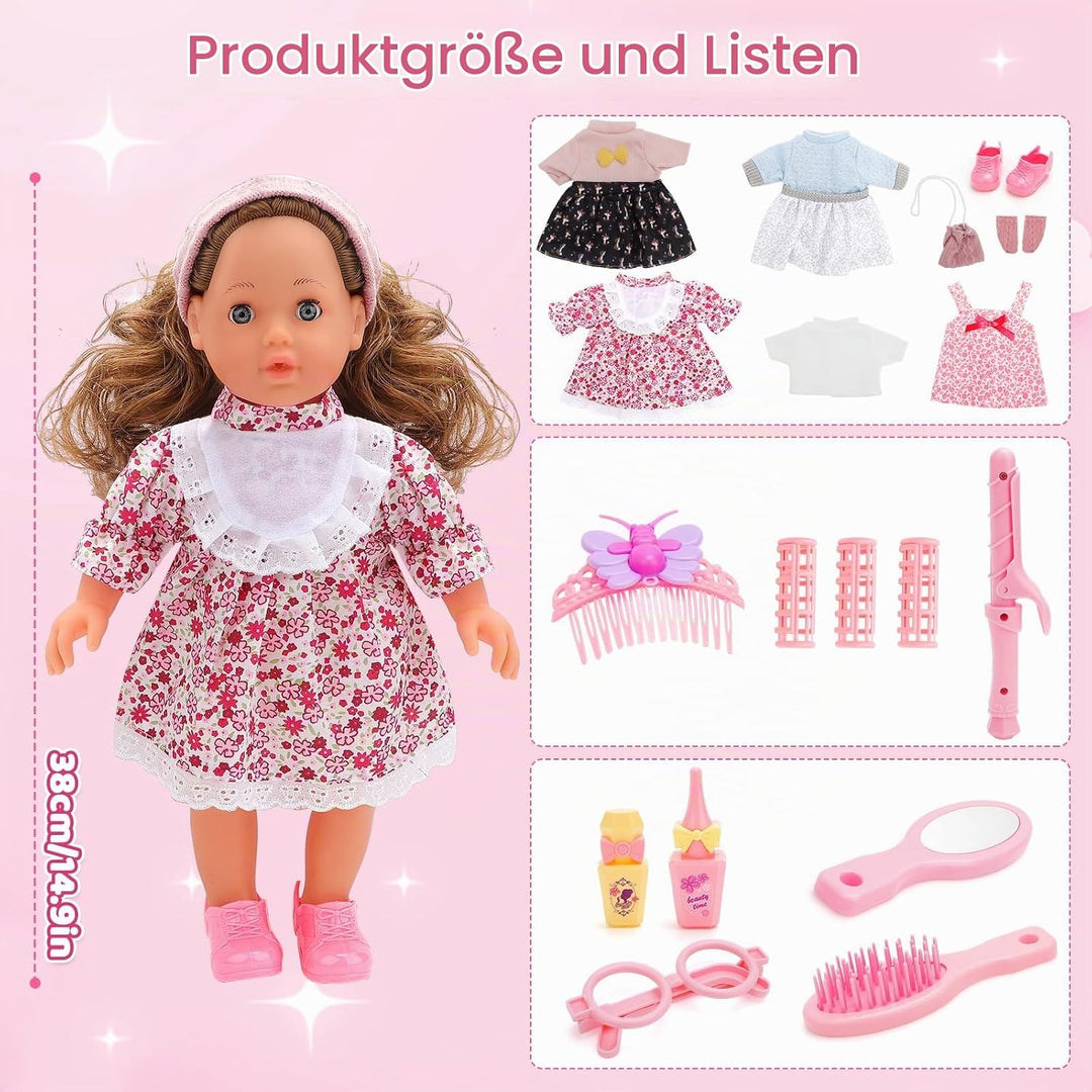 deAO Babypuppen-Spielset mit Zubehör, 38cm Puppe mit 4 Outfits und Puppenzubehör Spiegel Lockenstab