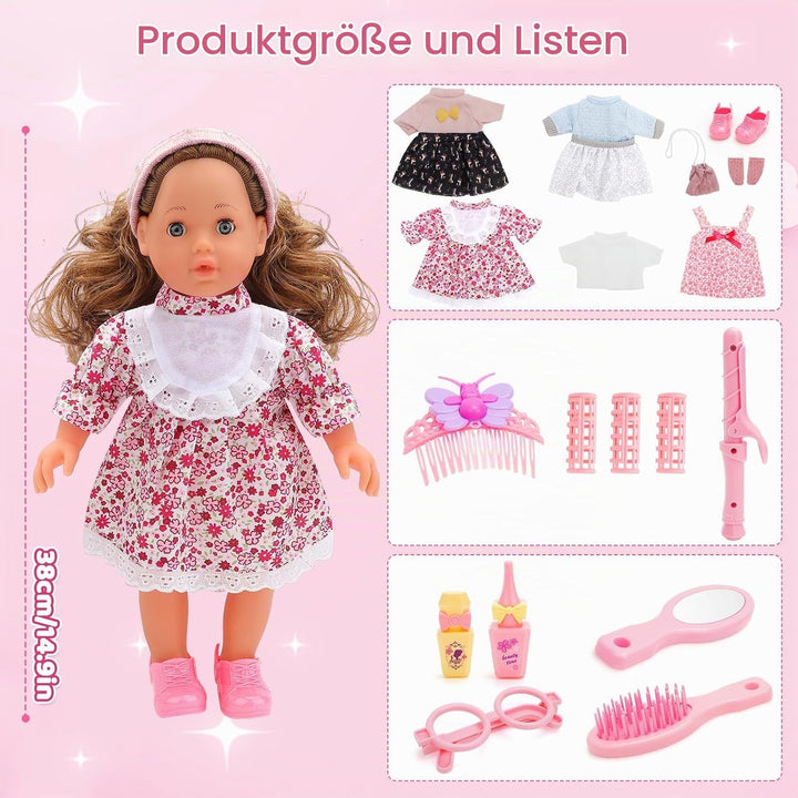 deAO Babypuppen-Spielset mit Zubehör, 38cm Puppe mit 4 Outfits und Puppenzubehör Spiegel Lockenstab