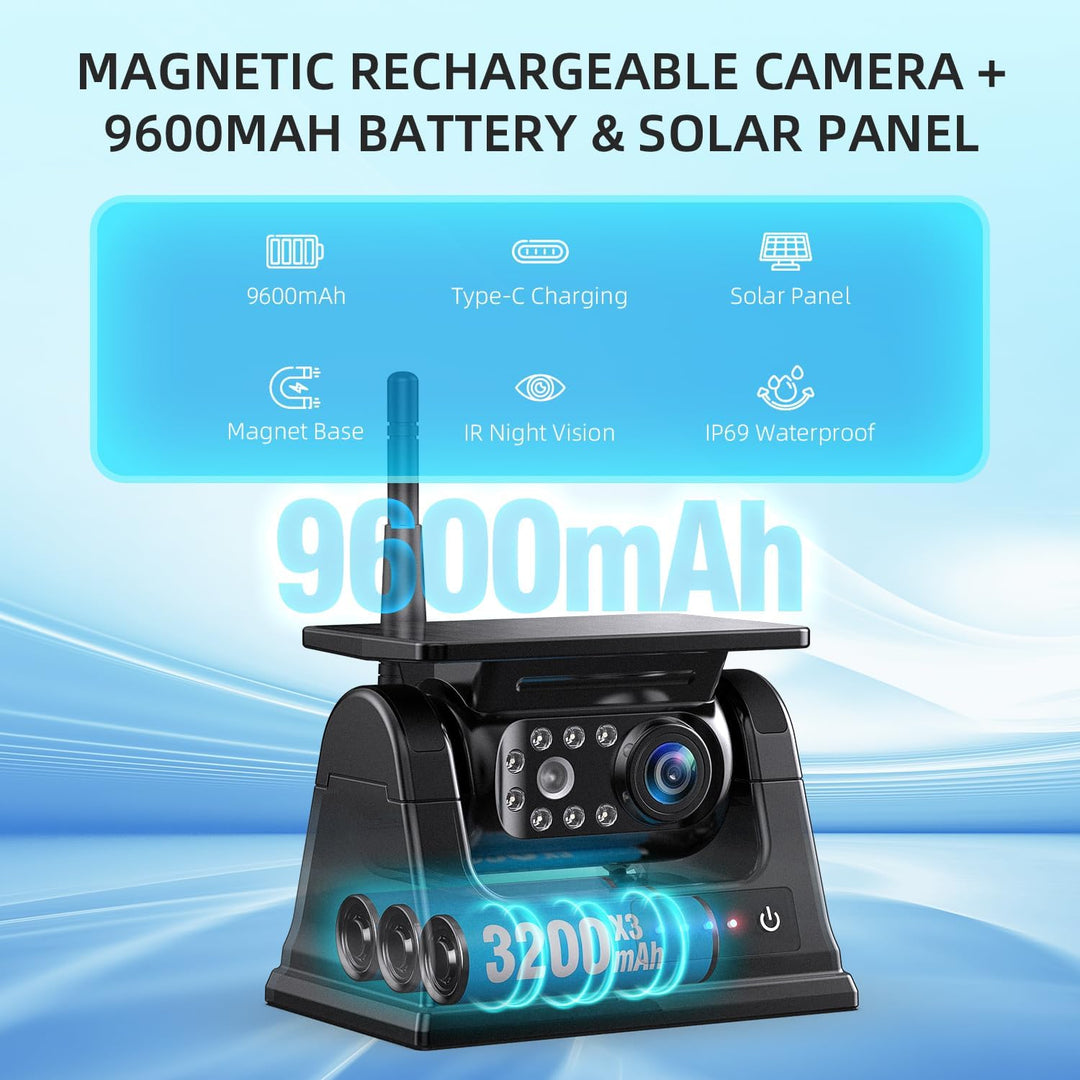4 Magnetisch Solar Rückfahrkamera Kabellos, HD1080P, 9'' Loop Aufnahmemonitor, kabelloses Quad RV Rü