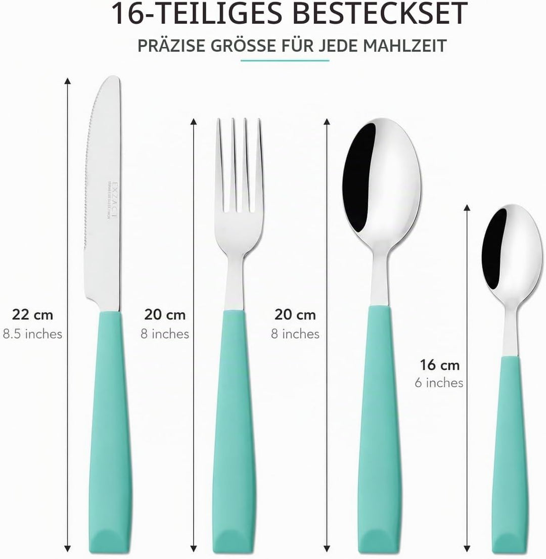 EXZACT Besteck Set 16 Stück - Edelstahl mit Kunststoff-Handgriffen - Bequem zu halten - 4 x Gabeln,