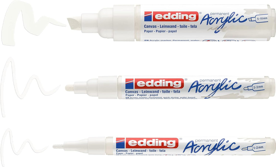 edding Acrylfarben-Set Allround Weiss - Weiss - 3 wasserdichte Acrylstifte – feine, mittlere und dic