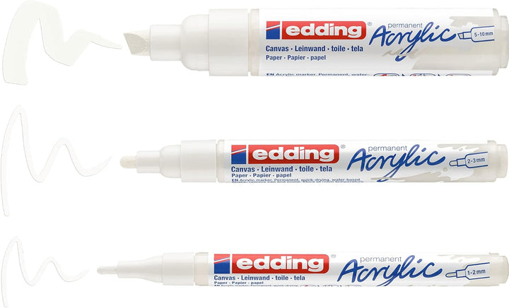 edding Acrylfarben-Set Allround Weiss - Weiss - 3 wasserdichte Acrylstifte – feine, mittlere und dic