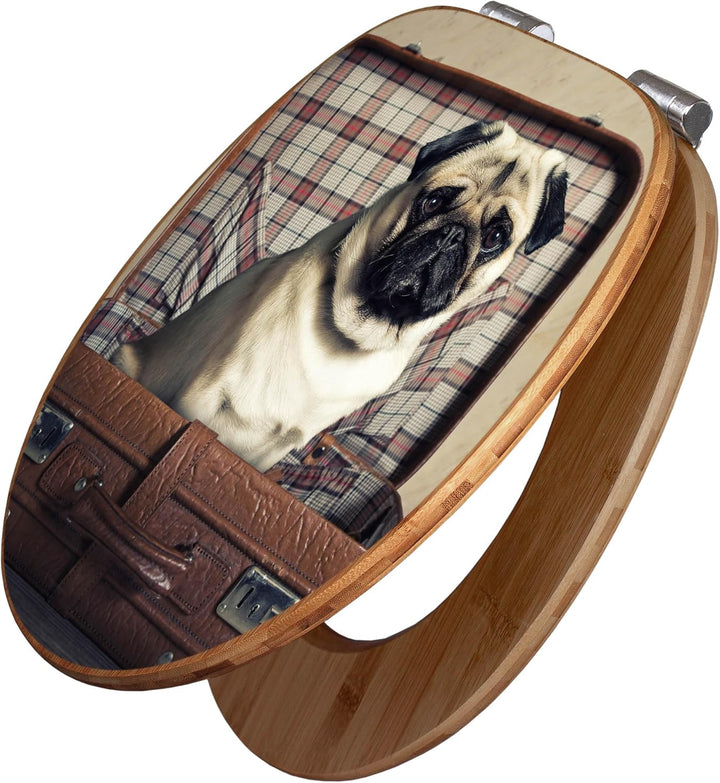 banjado® Design WC Sitz Bambus Absenkautomatik mit Motiv Mops im Koffer/Toilettendeckel mit Absenkau