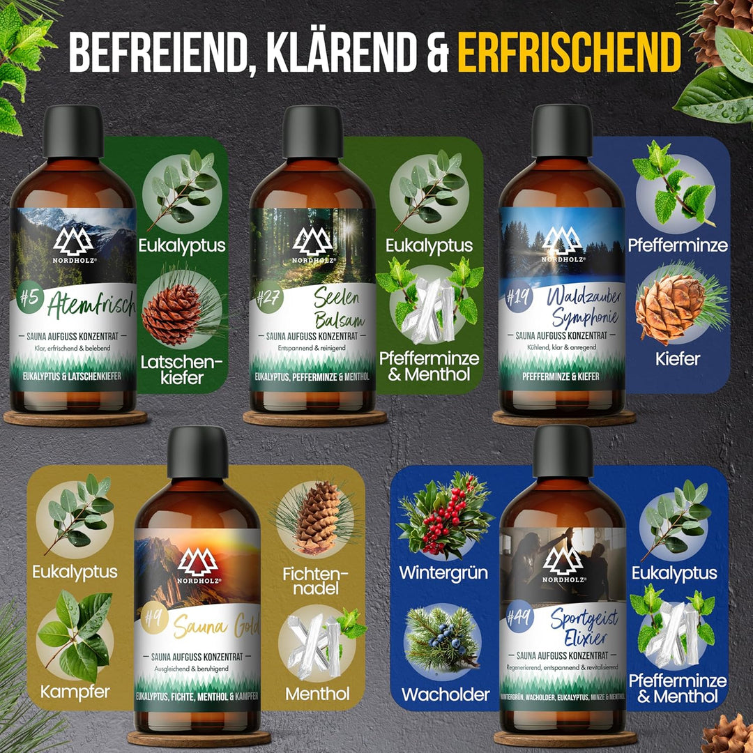 NORDHOLZ® Saunaaufguss Set - Premium Qualität [Atemwegs-Wohlbefinden 4x100ml] besonderes &amp; natürlich