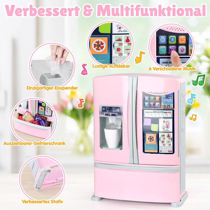 PLAY Küche Kinder Kühlschrank Spielzeug mit Eisspender, Spielküche Zubehör Set mit Kinderkühlschrank