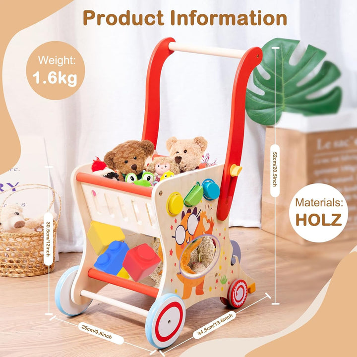 Holz Lauflernwagen für Kleinkinder 1-3 Jahre, Multifunktionaler Einkaufswagen Spielzeug mit Formsort