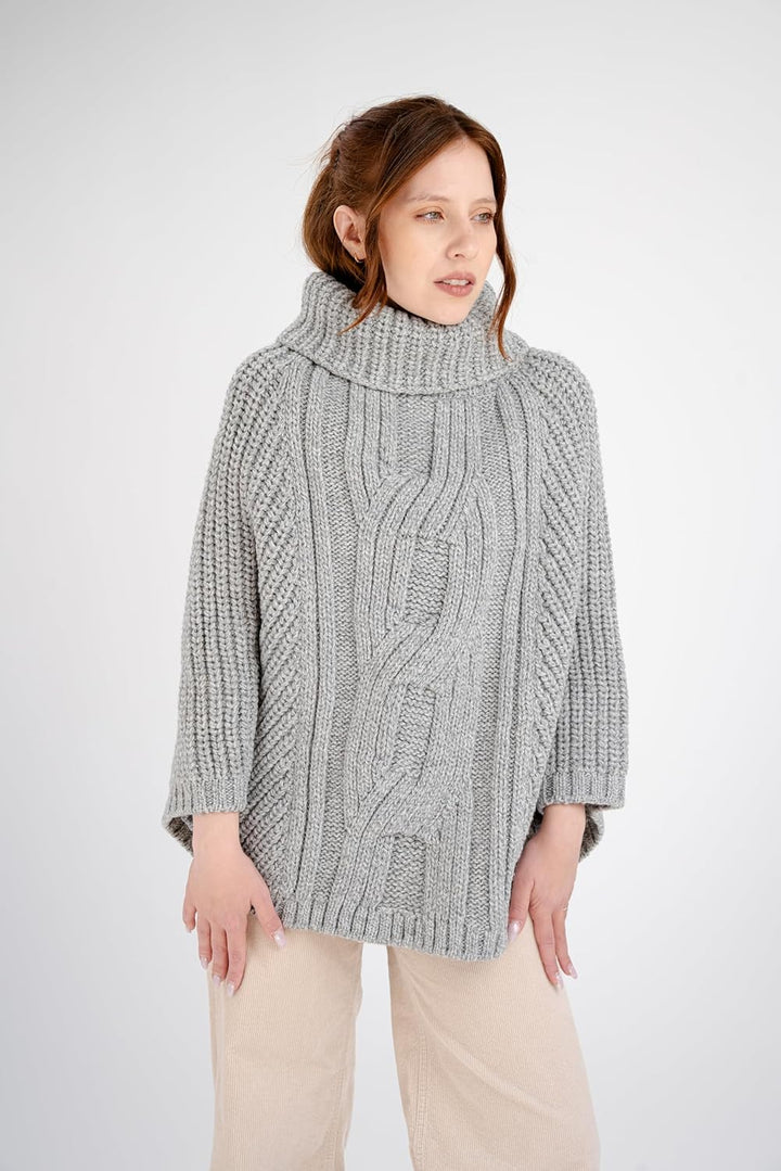 SAOL Damen Poncho aus 100% Merinowolle mit Zopfmuster für Damen Einheitsgrösse Einheitsgrösse Grau,