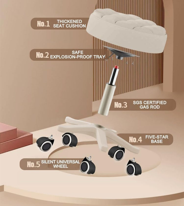 Kleiner Stuhl, runder Drehhocker mit Rollen, Sitzhöhe 35–45 cm, 360° drehbar, PU-Leder, höhenverstel