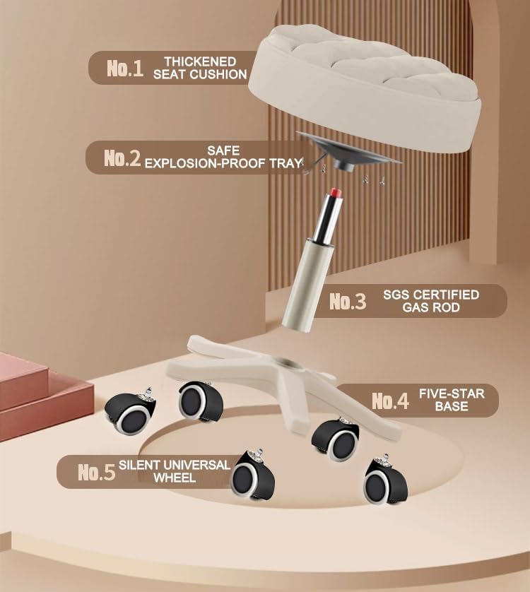 Kleiner Stuhl, runder Drehhocker mit Rollen, Sitzhöhe 35–45 cm, 360° drehbar, PU-Leder, höhenverstel