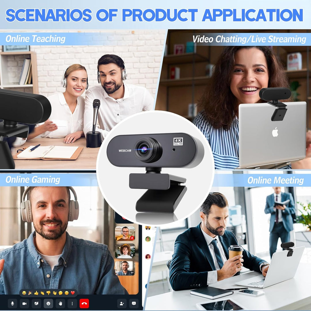 Webcam 4K, Webcam Full HD 30fps, 80° Weitwinkel mit Mikrofon mit Rauschunterdrückung, Belichtungskor