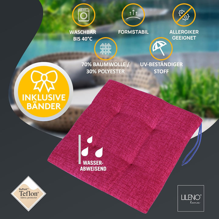 LILENO HOME 2er Set Stuhlkissen Bordeaux (40x40x4,5 cm) - Sitzkissen für Gartenstuhl, Küche oder Ess