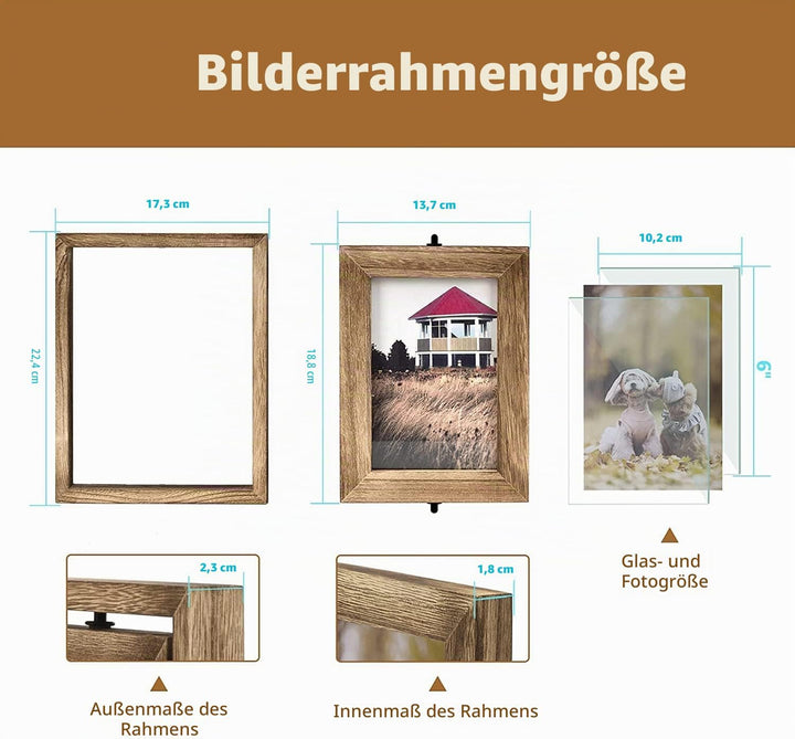Emfogoo Bilderrahmen 10x15, Rustikal Holz 3 Falten Fotorahmen mit Doppelseitigem Display Drehbar Bil