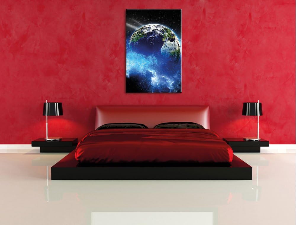 Pixxprint Erde im Kosmos Nebel schwarz/weiss als Leinwandbild/Grösse: 120x80 cm/Wandbild/Kunstdruck/