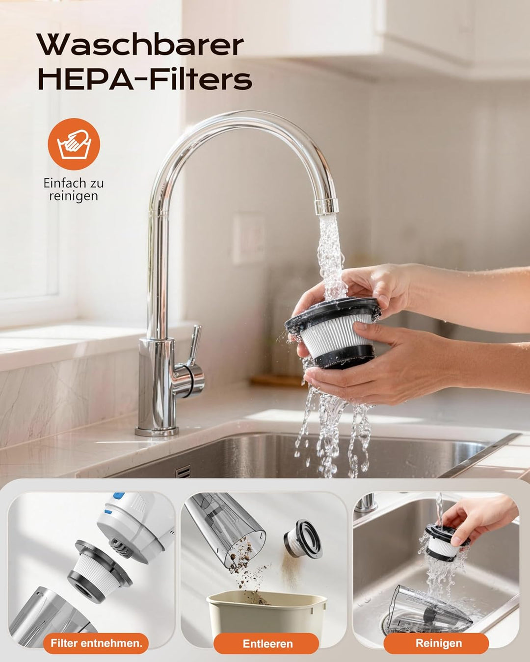 Handstaubsauger Akku, Kabelloser Handsauger mit 25000Pa Saugkraft, 8000mAh Akku & waschbarem HEPA-Fi