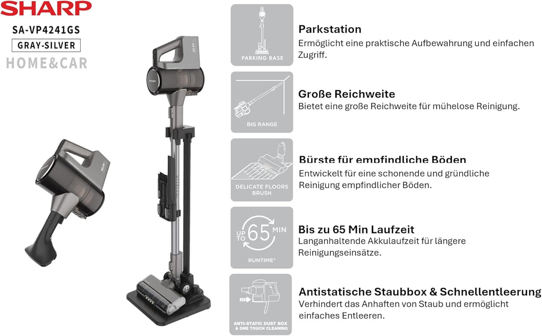 SHARP SA-VP4241GS Staubsauger Kabellos, Home & Car, 300W BLDC-Motor, 65Min., 0,75L, HEPA H13-Filter,