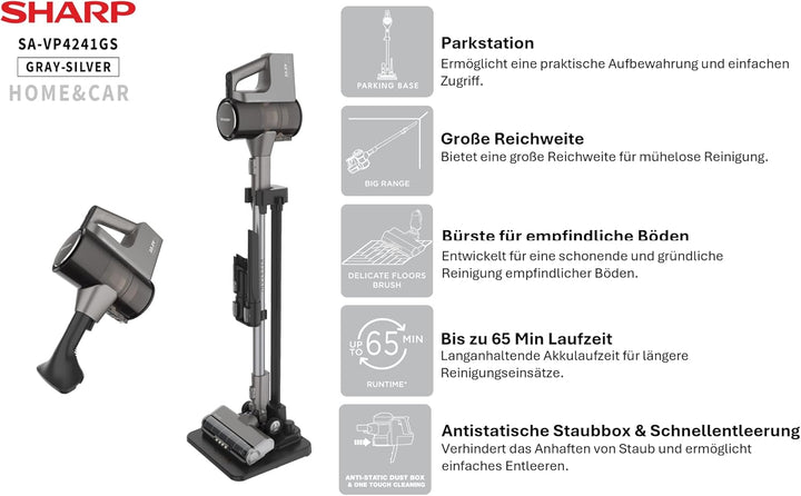 SHARP SA-VP4241GS Staubsauger Kabellos, Home & Car, 300W BLDC-Motor, 65Min., 0,75L, HEPA H13-Filter,