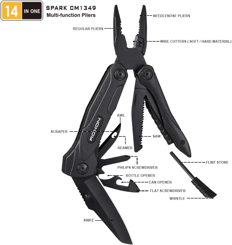ROXON CM1349 Spark Multitool-Zange, 14-in-1 Multifunktionswerkzeuge, Klappzange, Mehrzweck-Outdoor-Ü