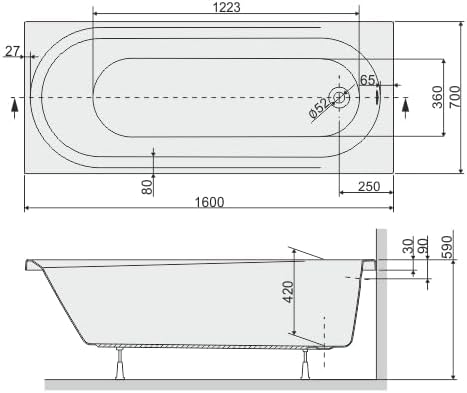 VBChome Badewanne 160 x 70 cm Weiss Acryl SET Wannenträger Siphon Wanne Rechteck Design Modern Styro