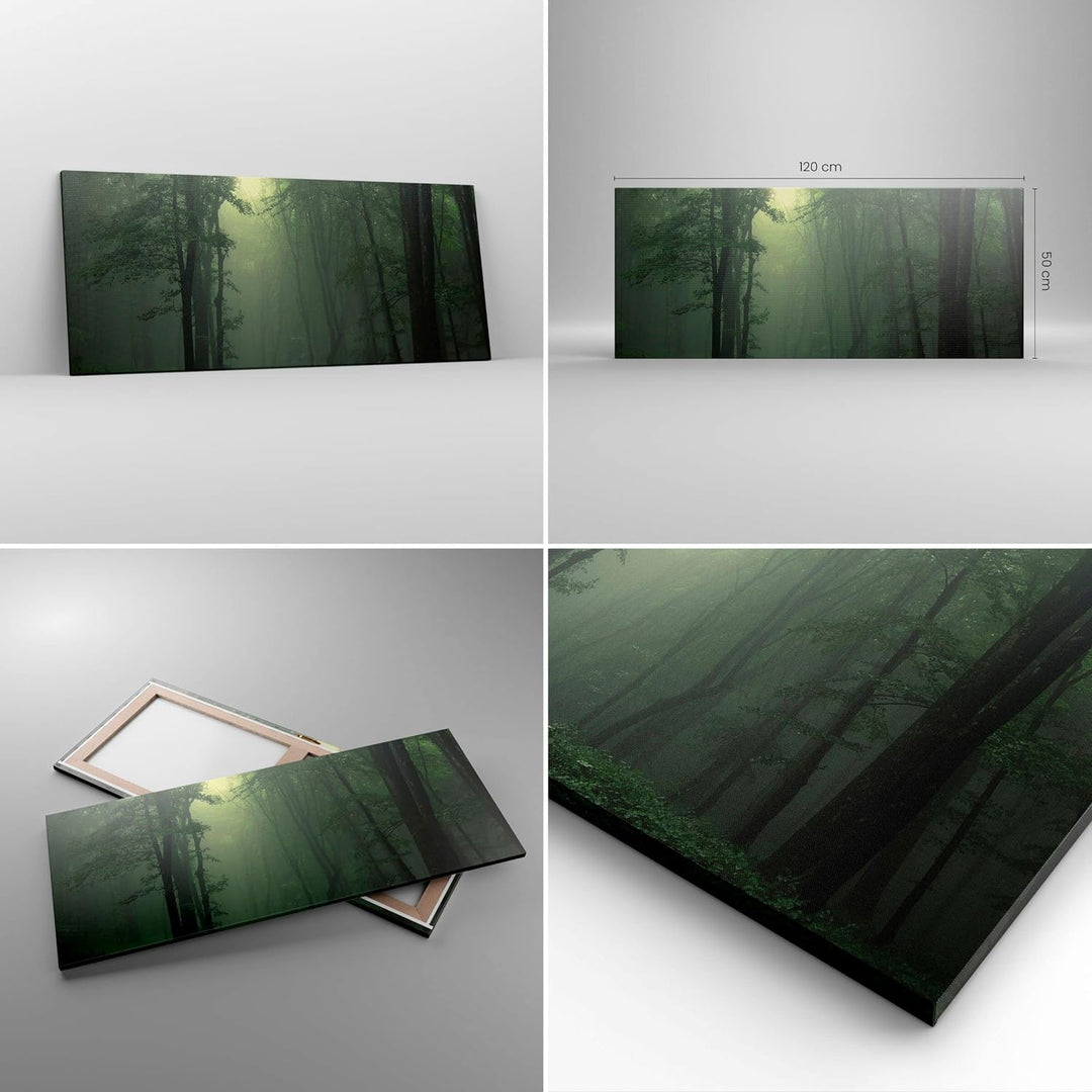 Wandbilder Dekoration Wohnzimmer Wald Nebel Baum Panorama Bilder auf Leinwand 120x50cm Leinwandbild