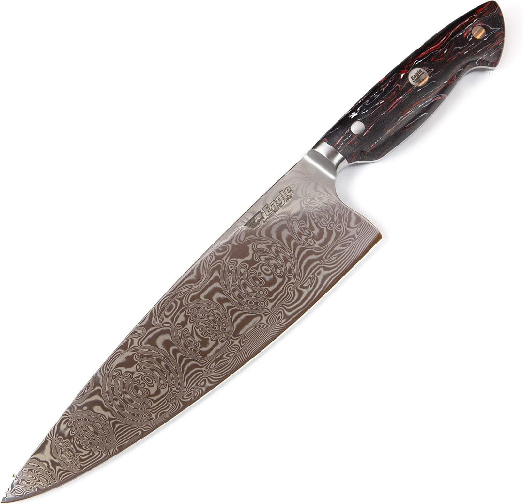 Eagle U-Grip - Chefmesser 23 cm Klingenlänge - Voll-Damaststahl 108 Lagen/Heftschalen: G10 schwarz-r