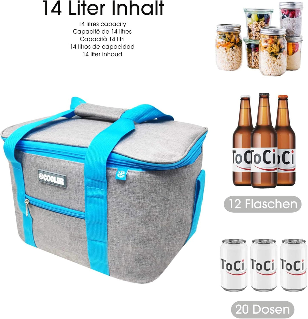 ToCi Kühltasche 14 Liter + 6 Kühlpacks – Isolierte Thermotasche für Picknick, Camping, Wandern &amp; Gri