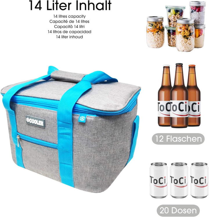 ToCi Kühltasche 14 Liter + 6 Kühlpacks – Isolierte Thermotasche für Picknick, Camping, Wandern &amp; Gri