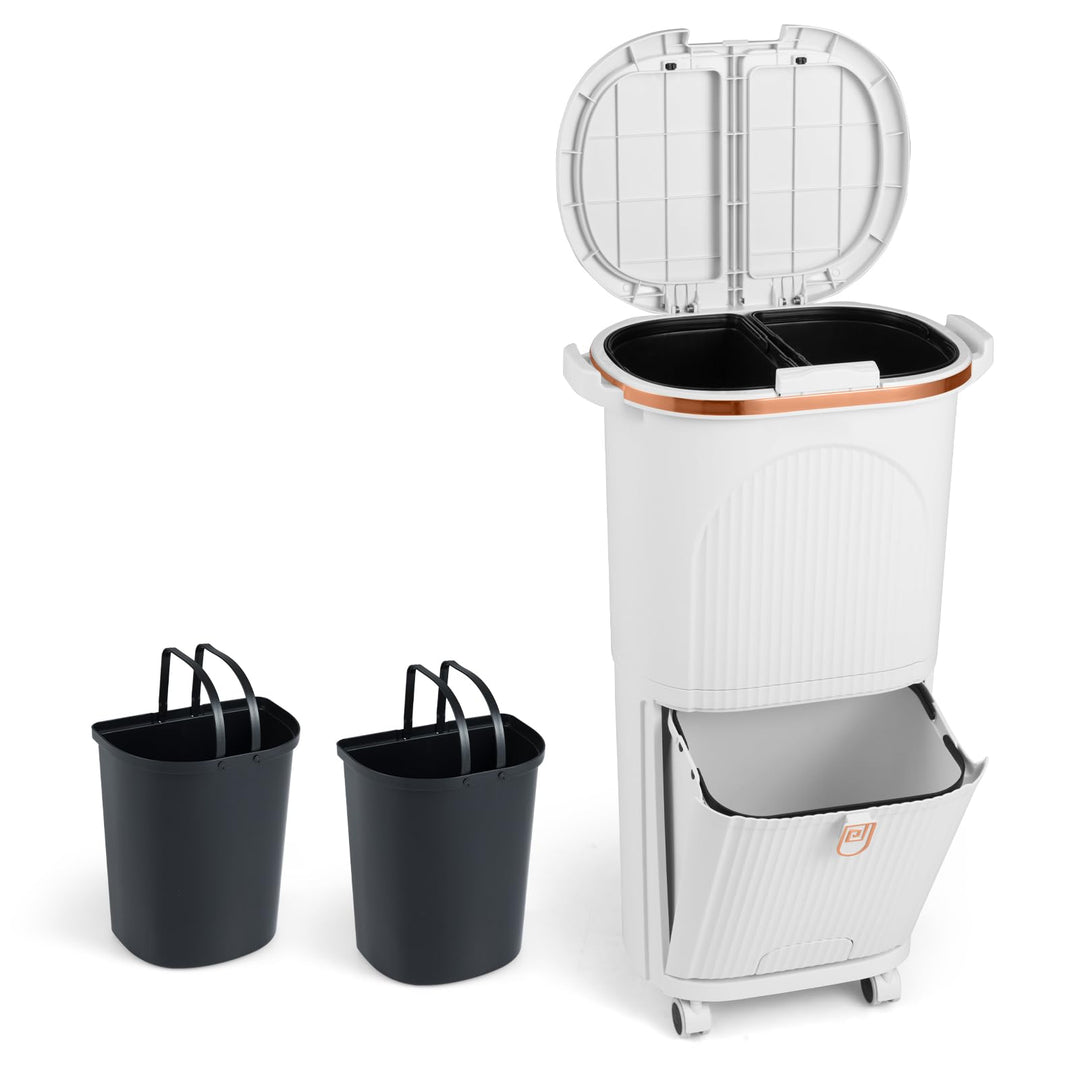 COSTWAY Mülleimer Küche, Mülltrennsystem 3 Fächer, 2 x 12L Inneneimer & 14L Treteimer, Abfalleimer m