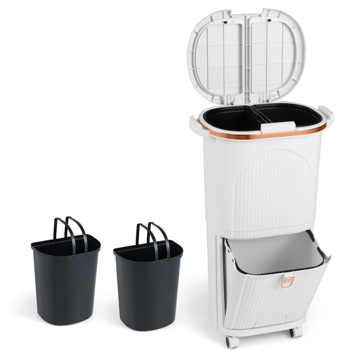 COSTWAY Mülleimer Küche, Mülltrennsystem 3 Fächer, 2 x 12L Inneneimer & 14L Treteimer, Abfalleimer m
